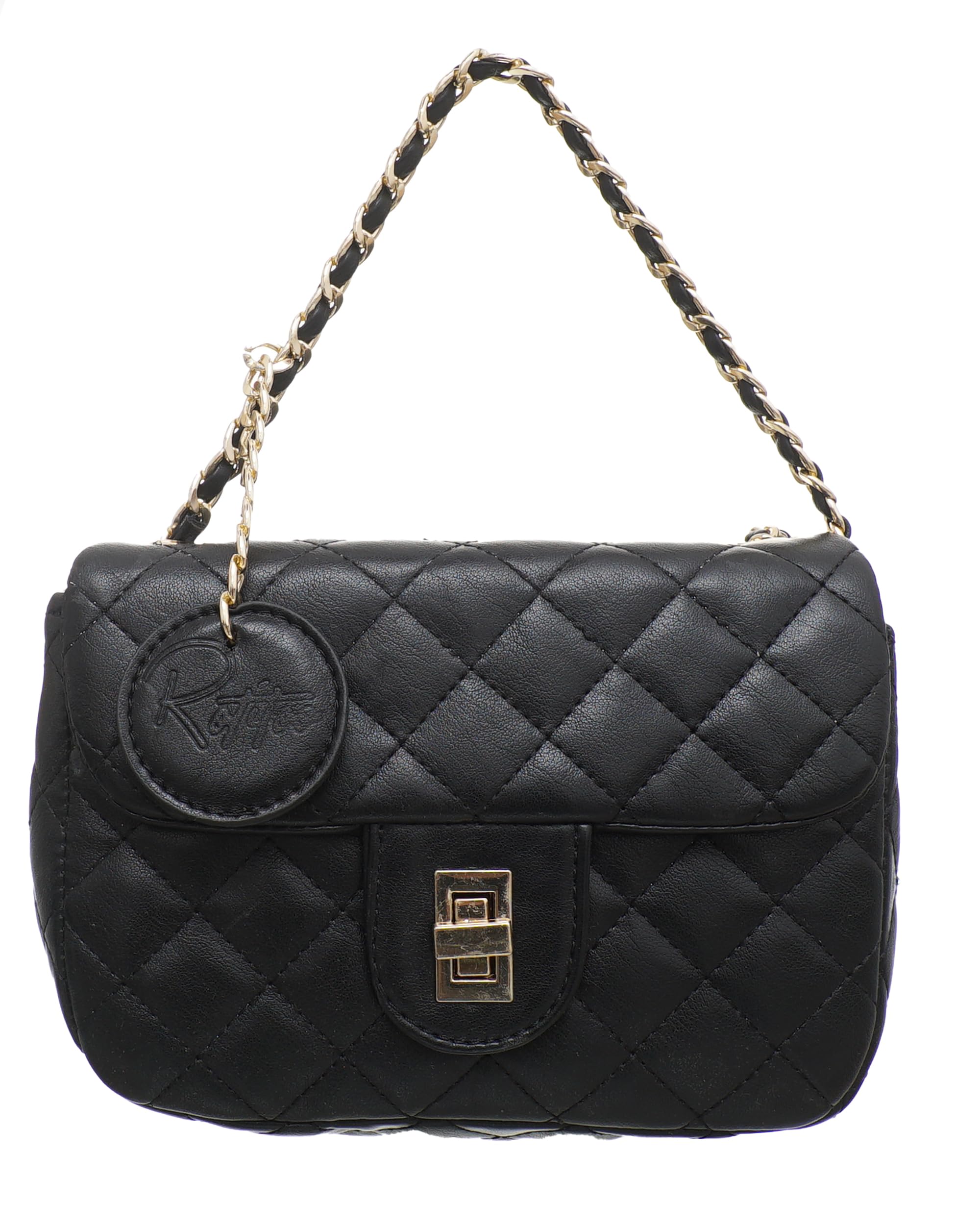 Rotitoo Women's Quilted Faux Leather Crossbody Bag, Gold Chain Strap, Black, 25 x 30 x 12 cm — Rt — 51-10